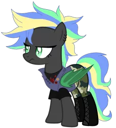 Size: 1494x1644 | Tagged: safe, artist:pegasski, artist:space--paws0w0, derpibooru import, oc, oc:primal screech, bat pony, pony, badge, base used, bat pony oc, bat wings, boots, camouflage, clothes, denim, ear piercing, earring, female, jewelry, mare, multicolored hair, pants, piercing, pin, shirt, shoes, simple background, solo, t-shirt, transparent background, wings