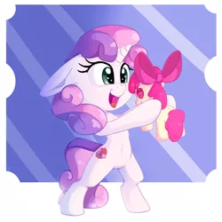 Size: 2000x2000 | Tagged: safe, artist:discorded, derpibooru import, apple bloom, sweetie belle, pony, unicorn, belly button, bipedal, cute, cutie mark, doll, female, filly, floppy ears, open mouth, plushie, solo, the cmc's cutie marks, toy