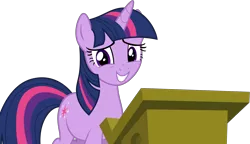 Size: 6600x3800 | Tagged: safe, artist:tomfraggle, derpibooru import, edit, twilight sparkle, pony, unicorn, the cutie re-mark, cute, looking at you, podium, simple background, smiling, solo, transparent background, twiabetes, unicorn twilight, vector, wingless, wingless edit