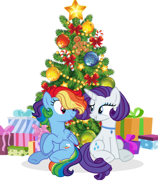 Size: 600x690 | Tagged: safe, artist:dianamur, derpibooru import, rainbow dash, rarity, pony, alternate hairstyle, christmas, christmas tree, female, holiday, lesbian, present, raridash, shipping, simple background, transparent background, tree