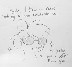 Size: 1329x1221 | Tagged: safe, artist:tjpones, derpibooru import, oc, unofficial characters only, earth pony, pony, bust, dialogue, ear fluff, ear piercing, grayscale, horse famous, lineart, male, monochrome, open mouth, piercing, simple background, solo, sparkles, stallion, sunglasses, traditional art