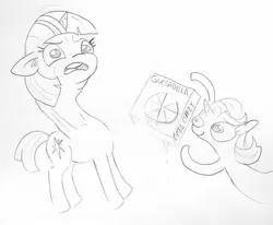 Size: 1744x1440 | Tagged: safe, artist:tjpones, derpibooru import, starlight glimmer, twilight sparkle, pony, unicorn, disgusted, do not want, duo, female, food, grayscale, lineart, long neck, mare, monochrome, moral event horizon, open mouth, pure unfiltered evil, quesadilla, simple background, they're just so cheesy, traditional art, turophobia, varying degrees of want