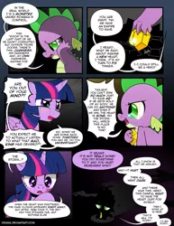 Size: 1275x1650 | Tagged: semi-grimdark, artist:dsana, derpibooru import, spike, twilight sparkle, twilight sparkle (alicorn), alicorn, dragon, pony, comic:the shadow shard, angry, comic, crying, darkness, dialogue, duo, female, gem, male, mare, silhouette