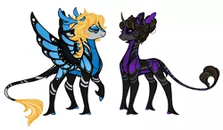 Size: 2000x1168 | Tagged: safe, artist:australian-senior, derpibooru import, oc, oc:juliet invictus, oc:wheatley invictus, unofficial characters only, alicorn, kirin, pegasus, pony, unicorn, winged kirin, kirindos, alternate universe, antlers, blue eyes, butterfly wings, colored hooves, colored sclera, colored wings, duo, kirin oc, leonine tail, multicolored wings, purple eyes, redesign, simple background, transparent background, wings