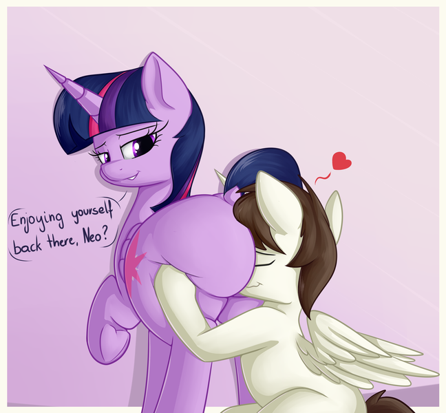 Size: 3500x3240 | Tagged: questionable, artist:andelai, derpibooru import, twilight sparkle, twilight sparkle (alicorn), oc, oc:neo star, alicorn, pony, alicorn oc, ass worship, bedroom eyes, butt, butt sniffing, butthug, canon x oc, couple, eyes closed, faceful of ass, heart, horn, hug, looking back, plot, plot worship, plump, seductive look, smiling, smirk, sniffing, starkle, the ass was fat, thicc ass, thick, twibutt, twilight has a big ass, wings