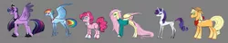 Size: 9656x1838 | Tagged: safe, artist:varwing, derpibooru import, applejack, fluttershy, pinkie pie, rainbow dash, rarity, twilight sparkle, twilight sparkle (alicorn), alicorn, earth pony, pegasus, pony, unicorn, alternate design, blank flank, bowtie, cartoony, clothes, coat markings, colored hooves, dock, ethereal mane, female, goggles, gray background, jewelry, line-up, mane six, mare, neckerchief, no pupils, rainbow power, regalia, simple background, size difference, spread wings, starry mane, sweater, sweatershy, tail feathers, unshorn fetlocks, wings
