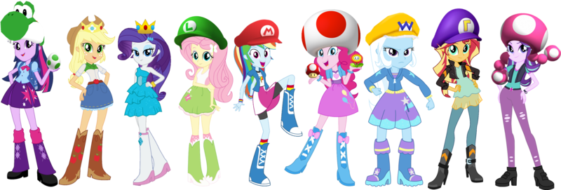 Size: 2204x747 | Tagged: safe, artist:76859thomasreturn, artist:daniotheman, artist:gihhbloonde, artist:ponyvio, artist:sugar-loop, artist:zeldarondl, derpibooru import, applejack, fluttershy, pinkie pie, rainbow dash, rarity, starlight glimmer, sunset shimmer, trixie, twilight sparkle, twilight sparkle (alicorn), alicorn, yoshi, equestria girls, apple daisy, barely eqg related, cap, clothes, cosplay, costume, crossover, crossover shipping, female, fire flower, glimmette, hat, image, luigi, luigi's hat, luigishy, male, maridash, mario, mario & luigi, mario's hat, mushroom, mushroom hat, nintendo, png, princess daisy, princess peach, raripeach, shipping, straight, super mario bros., toad (mario bros), toad pie, toadette, waluigi, waluigi's hat, waluset, wario, wario's hat, yoshi egg, yoshilight