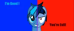 Size: 1334x561 | Tagged: safe, artist:sonicdom7, derpibooru import, oc, oc:karma, pony, evil, good, male, stallion, two sided posters