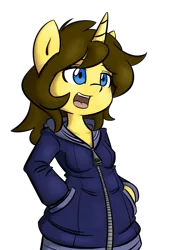 Size: 918x1361 | Tagged: safe, artist:spheedc, derpibooru import, oc, oc:dream chaser, unofficial characters only, semi-anthro, unicorn, blue eyes, clothes, digital art, female, hoodie, hooves in pockets, mare, rule 63, simple background, solo, transparent background