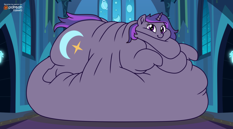 Size: 4500x2500 | Tagged: questionable, artist:eqlearq, derpibooru import, oc, oc:night light, unofficial characters only, pony, unicorn, belly, belly bed, big belly, bingo wings, chubby cheeks, fat, high res, huge belly, immobile, impossibly large belly, morbidly obese, neck roll, obese, patreon, patreon logo, rolls of fat, solo