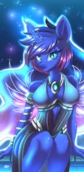 Size: 2680x5452 | Tagged: alicorn, anthro, artist:ask-colorsound, breasts, busty princess luna, cleavage, clothes, derpibooru import, dress, female, mare, princess luna, safe, slit eyes, smiling, solo