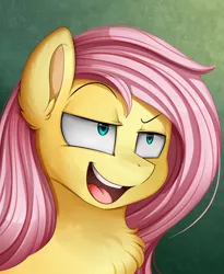 Size: 1446x1764 | Tagged: safe, artist:pridark, derpibooru import, fluttershy, pony, bust, butterscotch, commission, dreamworks face, green background, male, open mouth, portrait, rule 63, simple background, smiling, smug, solo, stallion, wrong mane