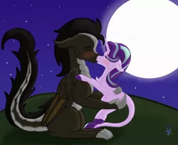 Size: 1392x1135 | Tagged: safe, artist:annabear1211, derpibooru import, starlight glimmer, oc, oc:draco k-night blaze, dracony, dragon, hybrid, pony, blushing, canon x oc, female, full moon, kissing, leonine tail, love, male, moon, night, request, shipping, starlaco, stars, straight