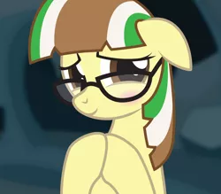 Size: 2836x2480 | Tagged: safe, artist:lightning stripe, derpibooru import, oc, oc:beetle beat, pony, blushing, brown, brown eyes, changeling hive, cute, eyelashes, glasses, green, ocbetes, show accurate, shy, smiling, solo, white, yellow, yellow coat