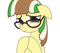 Size: 2836x2480 | Tagged: safe, artist:lightning stripe, derpibooru import, oc, oc:beetle beat, pony, blushing, brown, brown eyes, cute, eyelashes, glasses, green, ocbetes, show accurate, shy, simple background, smiling, solo, transparent background, white, yellow, yellow coat