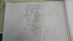 Size: 4096x2304 | Tagged: safe, artist:symphonydawn3, derpibooru import, oc, oc:paper stars, unofficial characters only, bat pony, pony, amputee, bandage, bat pony oc, bat wings, cute, cute little fangs, fangs, female, heart, hug, lineart, looking at something, mare, pencil drawing, redraw, sketchpad, solo, speech bubble, traditional art, wings