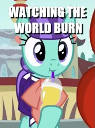 Size: 405x547 | Tagged: safe, derpibooru import, edit, edited screencap, screencap, mixed berry, pony, the parent map, :t, caption, clothes, cropped, cute, drink, drinking, hoof hold, image macro, meme, smiling, solo focus, straw, text