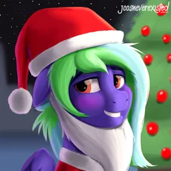 Size: 800x800 | Tagged: safe, artist:jcosneverexisted, derpibooru import, oc, oc:weldbead, unofficial characters only, pony, blushing, christmas, christmas tree, cute, fake beard, hat, holiday, looking at you, male, patreon, reward, santa beard, santa hat, smiling, solo, tree