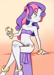 Size: 934x1299 | Tagged: suggestive, artist:drantyno, banned from derpibooru, derpibooru import, sweetie belle, equestria girls, barefoot, belly button, belly dancer, belly dancer outfit, blushing, bracelet, breasts, clothes, delicious flat chest, feet, female, flatie belle, harem outfit, image, jewelry, lolicon, png, sitting, smiling, solo, underage