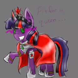 Size: 400x400 | Tagged: safe, artist:craftykraken, artist:craftykrakenyo, derpibooru import, twilight sparkle, pony, unicorn, ask corrupted twilight sparkle, armor, battle armor, battle gear, big crown thingy, cape, clothes, collar, colored horn, corrupted, corrupted element of harmony, corrupted element of magic, corrupted twilight sparkle, crown, curved horn, dark, dark equestria, dark magic, dark queen, dark world, element of magic, female, hoof shoes, horn, jewelry, magic, necklace, queen twilight, regalia, solo, sombra eyes, sombra's horn, tiara, tumblr, tyrant sparkle, unicorn twilight