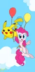 Size: 2200x4600 | Tagged: safe, derpibooru import, pinkie pie, earth pony, pikachu, pony, balloon, balloon pikachu, crossover, cute, duo, female, floating, flying, high res, mare, pokémon