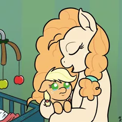 Size: 1200x1200 | Tagged: safe, alternate version, artist:mkogwheel, derpibooru import, applejack, pear butter, pony, baby, baby pony, babyjack, crib, crib mobile, crying, cute, dawwww, female, foal, jackabetes, lullaby, mother and child, mother and daughter, teary eyes, younger