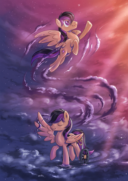 Size: 1413x2000 | Tagged: safe, artist:stasysolitude, derpibooru import, stellar eclipse, pony, cloud, dream, flying, handicapped, self ponidox, solo, walking, wheelchair