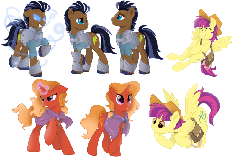 Size: 1920x1286 | Tagged: safe, artist:lostinthetrees, derpibooru import, firebrand, strong oak, thrilly filly, pegasus, pony, unicorn, tails of equestria, the haunting of equestria, bag, female, hat, male, mare, saddle bag, simple background, stallion, transparent background