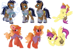 Size: 1920x1286 | Tagged: safe, artist:lostinthetrees, derpibooru import, firebrand, strong oak, thrilly filly, pegasus, pony, unicorn, tails of equestria, the haunting of equestria, bag, female, hat, male, mare, saddle bag, simple background, stallion, transparent background