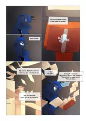 Size: 1024x1449 | Tagged: safe, artist:gashiboka, derpibooru import, princess luna, alicorn, pony, comic:scar of solar, bed, both cutie marks, comic, diary, female, mare, offscreen character, this will end in tears and/or a journey to the moon, this will end in tears and/or a journey to the sun, this will not end well, title drop