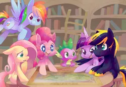 Size: 1280x887 | Tagged: alicorn, artist:sharmie, book, bookshelf, derpibooru import, fluttershy, ladder, library, map, oc, oc:zephyr, pinkie pie, rainbow dash, safe, shipping, spike, twilight sparkle, twilight sparkle (alicorn), twiphyr