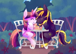 Size: 1023x727 | Tagged: safe, artist:sharmie, derpibooru import, twilight sparkle, twilight sparkle (alicorn), oc, oc:zephyr, alicorn, blushing, boop, bush, cake, canon x oc, drink, drinking straw, flower, food, muffin, noseboop, shipping, tree, twiphyr