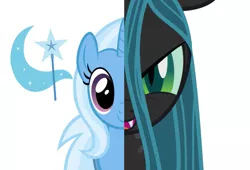 Size: 1083x738 | Tagged: artist needed, source needed, safe, derpibooru import, queen chrysalis, trixie, changeling, changeling queen, pony, unicorn, cutie mark, digital art, duo, evil grin, fangs, female, grin, lidded eyes, looking at you, mare, open mouth, simple background, slit eyes, smiling, teeth, trixie's cutie mark, two sided posters, white background