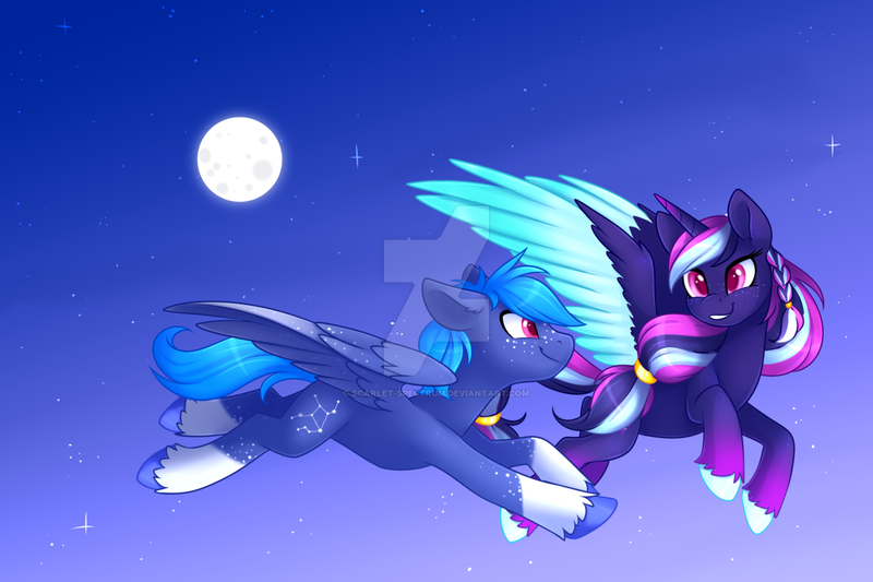 Size: 1280x853 | Tagged: safe, artist:scarlet-spectrum, derpibooru import, oc, oc:cosmosis, oc:starwatcher, unofficial characters only, alicorn, pegasus, pony, alicorn oc, female, flying, horn, male, mare, moon, night, siblings, stallion, stars, watermark, wings