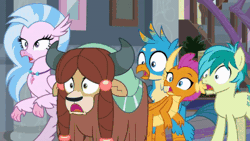 Size: 720x406 | Tagged: safe, derpibooru import, screencap, gallus, ocellus, rarity, sandbar, silverstream, smolder, yona, classical hippogriff, dragon, earth pony, gryphon, hippogriff, pony, yak, school daze, animated, blinking, d:, gif, hallway, looking at someone, looking at something, loop, offscreen character, open mouth, school of friendship, shocked, shocked expression, shrunken pupils, stairs, surprised
