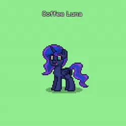 Size: 591x591 | Tagged: safe, derpibooru import, princess luna, alicorn, pony, pony town, female, luna found the coffee, mare, missing accessory, text