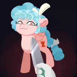 Size: 1250x1250 | Tagged: safe, artist:fannytastical, derpibooru import, chancellor neighsay, cozy glow, pegasus, pony, :3, cozybuse, knife, knife cat, meme, parody, ponified animal photo, ponified meme, smug