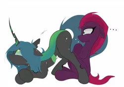 Size: 1380x964 | Tagged: suggestive, artist:groomlake, derpibooru import, fizzlepop berrytwist, queen chrysalis, tempest shadow, changeling, changeling queen, pony, ass up, blushing, broken horn, colored, female, head down, horn, mare, presenting, simple, simple background, sitting, spots, stupid sexy chrysalis, surprised, teasing, white background