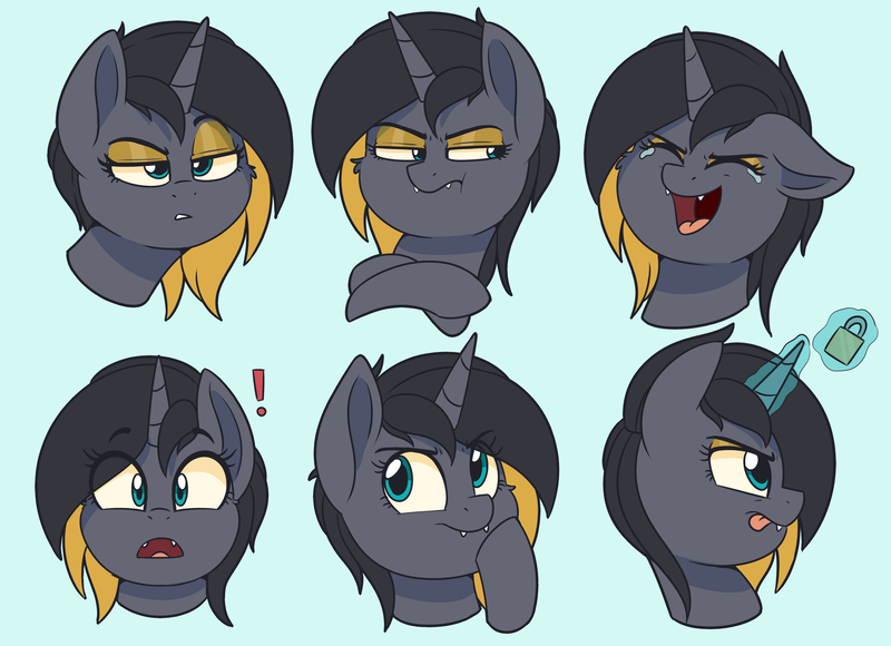 Size: 2800x2030 | Tagged: safe, artist:thegamblehorse, deleted from derpibooru, derpibooru import, oc, oc:gilded grooves, unofficial characters only, pony, unicorn, crying, cute, cute little fangs, expressions, fangs, female, glowing horn, horn, laughing, lock, padlock, solo, surprised, tears of laughter, tongue out