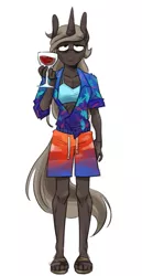 Size: 527x1018 | Tagged: safe, artist:redxbacon, derpibooru import, oc, oc:parch well, unofficial characters only, anthro, unicorn, anthro oc, clothes, drink, female, glass, hawaiian shirt, sandals, shirt, shorts, simple background, smiling, solo, white background