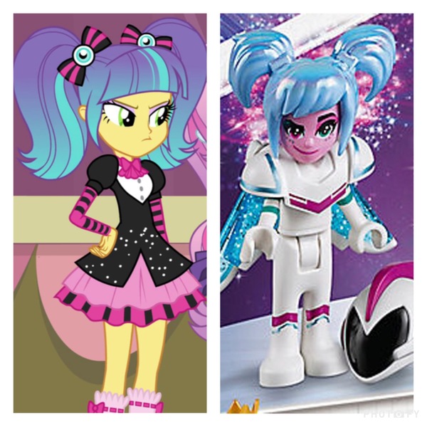 Size: 3500x3500 | Tagged: safe, derpibooru import, pixel pizazz, equestria girls, spoiler:the lego movie 2: the second part, comparison, lego, look-alike, mini-doll, pigtails, similar, spoilers for another series, sweet mayhem, the lego movie, the lego movie 2: the second part, twintails