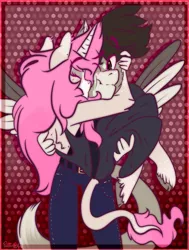 Size: 1273x1681 | Tagged: safe, artist:phantomlemon, derpibooru import, oc, oc:tarot, oc:xor, unofficial characters only, classical unicorn, pony, semi-anthro, sphinx, unicorn, cheek squish, clothes, cloven hooves, couple, cuddling, cute, dress, ear piercing, eyes closed, female, floppy ears, fluffy, holding, interspecies, jeans, kiss on the cheek, kissing, leonine tail, love, male, mare, oc x oc, one eye closed, pants, piercing, romantic, scrunchy face, shipping, simple background, snuggling, sphinx oc, squishy cheeks, straight, taror, unshorn fetlocks, wings