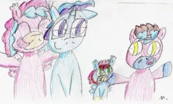 Size: 1882x1129 | Tagged: safe, artist:ptitemouette, derpibooru import, oc, oc:coquillage, oc:galaxy trick, oc:magical star, oc:opal pearl, hybrid, pony, interspecies offspring, magical lesbian spawn, offspring, parent:moondancer, parent:oc:coquillage, parent:oc:galaxy trick, parent:pinkie pie, parent:princess skystar, parent:trixie, parents:skypie, parents:trickdancer