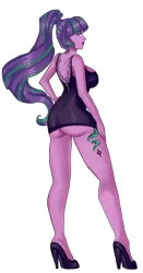Size: 1372x2628 | Tagged: suggestive, artist:xjenn9, derpibooru import, starlight glimmer, equestria girls, bottomless, breasts, busty starlight glimmer, clothes, dress, high heels, little black dress, partial nudity, shoes, short dress, simple background, transparent background