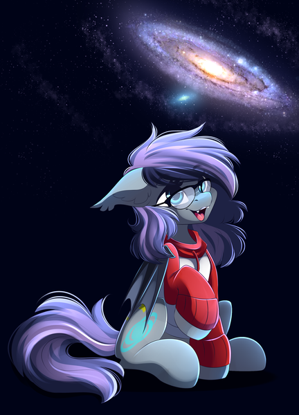 Size: 2401x3333 | Tagged: safe, artist:airiniblock, derpibooru import, oc, oc:andromeda galaktika, unofficial characters only, bat pony, pony, andromeda galaxy, bat pony oc, bat wings, clothes, cute, ear fluff, ear tufts, female, floppy ears, galaxy, glasses, hoodie, looking up, mare, ocbetes, open mouth, raised hoof, rcf community, sitting, smiling, solo, space, sweater, wings