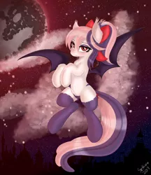 Size: 3882x4503 | Tagged: safe, artist:sethisto, derpibooru import, oc, oc:sweet velvet, unofficial characters only, bat pony, pony, bat pony oc, bat wings, clothes, fangs, female, mare in the moon, moon, night, panties, ribbon, signature, socks, solo, underwear, wings