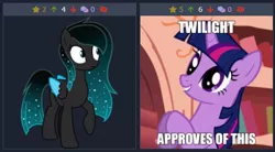 Size: 486x268 | Tagged: derpibooru, derpibooru import, edit, edited screencap, golden oaks library, juxtaposition, juxtaposition win, look before you sleep, meme, meta, oc, oc:spirit night, safe, screencap, twilight sparkle