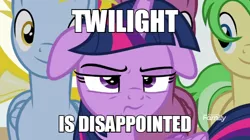 Size: 600x337 | Tagged: safe, derpibooru import, edit, edited screencap, screencap, twilight sparkle, twilight sparkle (alicorn), alicorn, pony, friendship university, caption, disappointed, floppy ears, image macro, meme, text, twilight is not amused, unamused