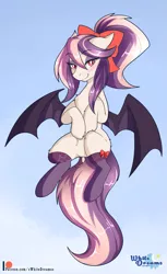 Size: 2011x3284 | Tagged: safe, artist:xwhitedreamsx, derpibooru import, oc, oc:sweet velvet, unofficial characters only, bat pony, pony, bat pony oc, bat wings, bow, clothes, female, hair bow, high res, looking at you, patreon, patreon logo, paywalled alternate version, smiling, socks, solo, wings