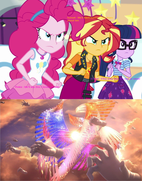 Size: 1660x2114 | Tagged: safe, artist:fazbearsparkle, derpibooru import, edit, pinkie pie, sci-twi, sunset shimmer, twilight sparkle, equestria girls, equestria girls series, rollercoaster of friendship, angry, crossover, galeem, geode of empathy, geode of sugar bombs, geode of telekinesis, magical geodes, master hand, nintendo, super smash bros., super smash bros. ultimate, this will end in death, world of light